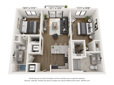 Floor plan for 2 beds, 2 baths, 927 sqft